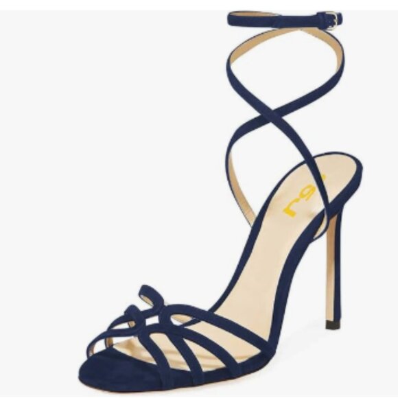 FSJ Navy Strappy Open Toe Stiletto High Heels Ankle Wrap Cutout Dress Sandals - Picture 1 of 8